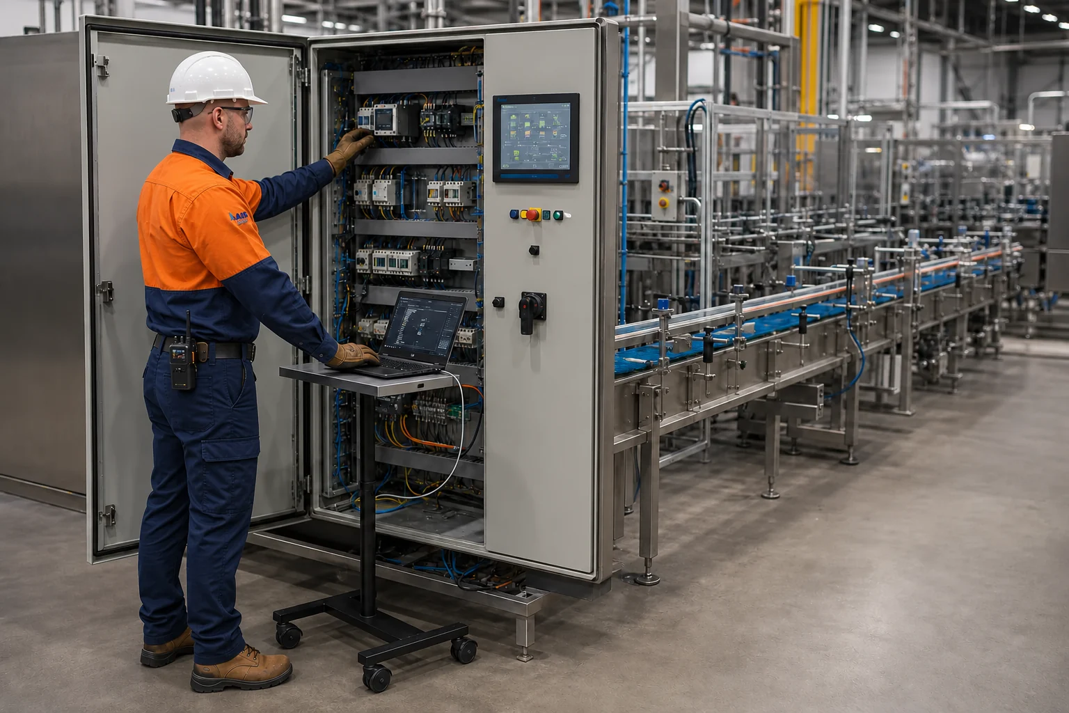 AI-generated scene of AIS automation technician commissioning a PLC control cabinet beside a packaging line