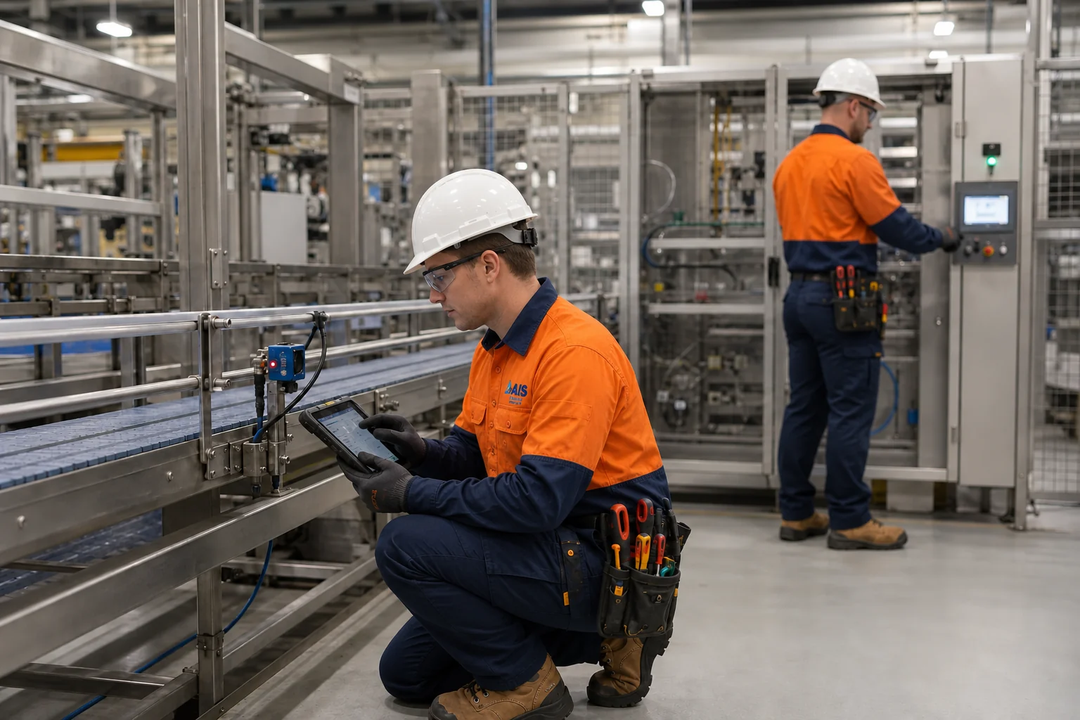 AI-generated scene of AIS controls and electrical crew testing a conveyor sensor and drive system