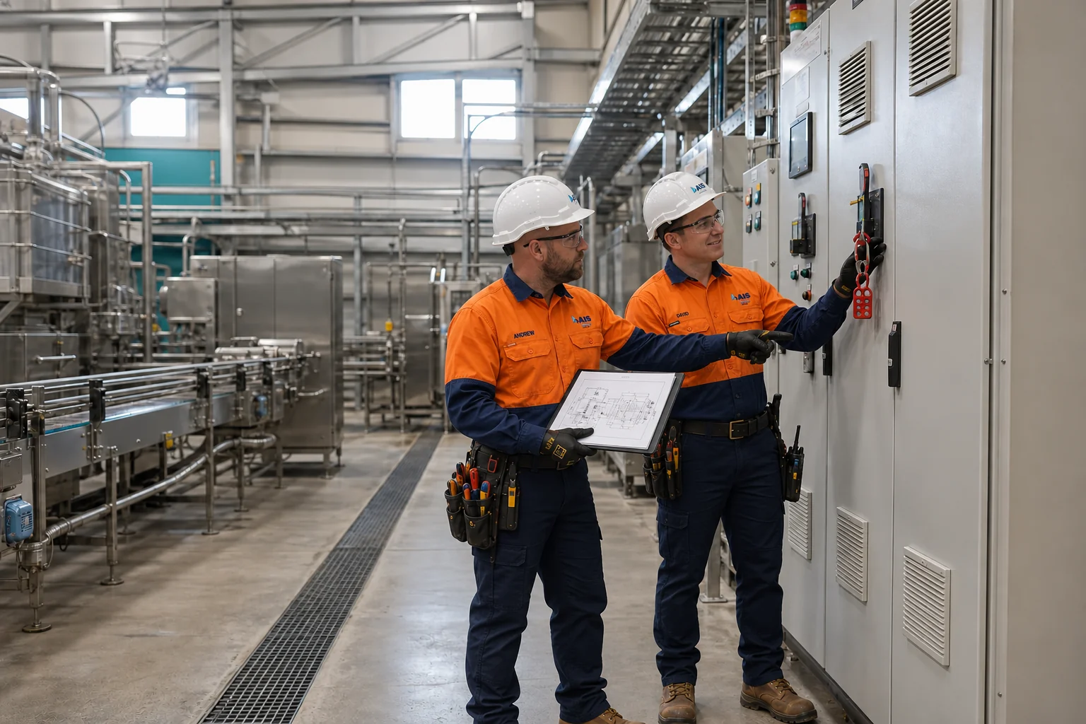 AI-generated scene of two AIS electricians planning a machine isolation beside an industrial motor control centre