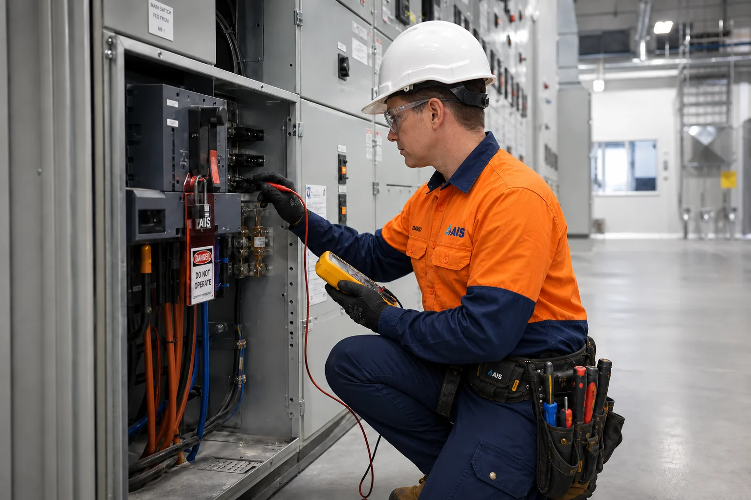 AI-generated scene of AIS electrician testing an isolated industrial switchboard in a food-processing plant