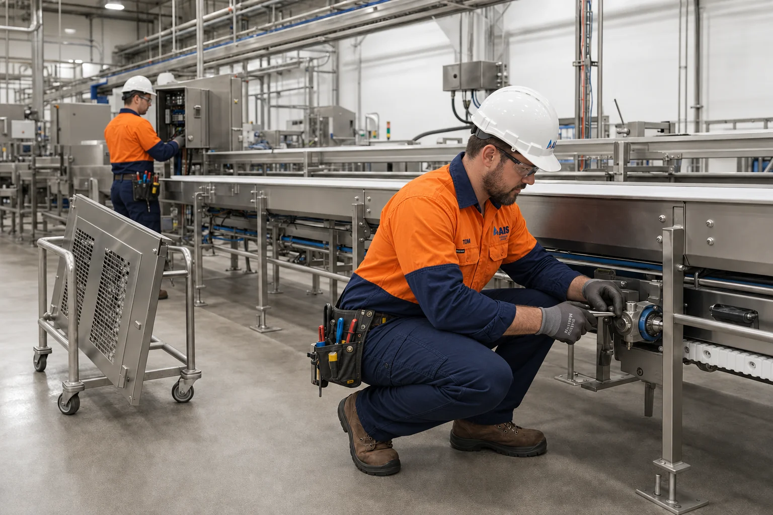 AI-generated scene of AIS mechanical and electrical crew maintaining an isolated stainless-steel food conveyor