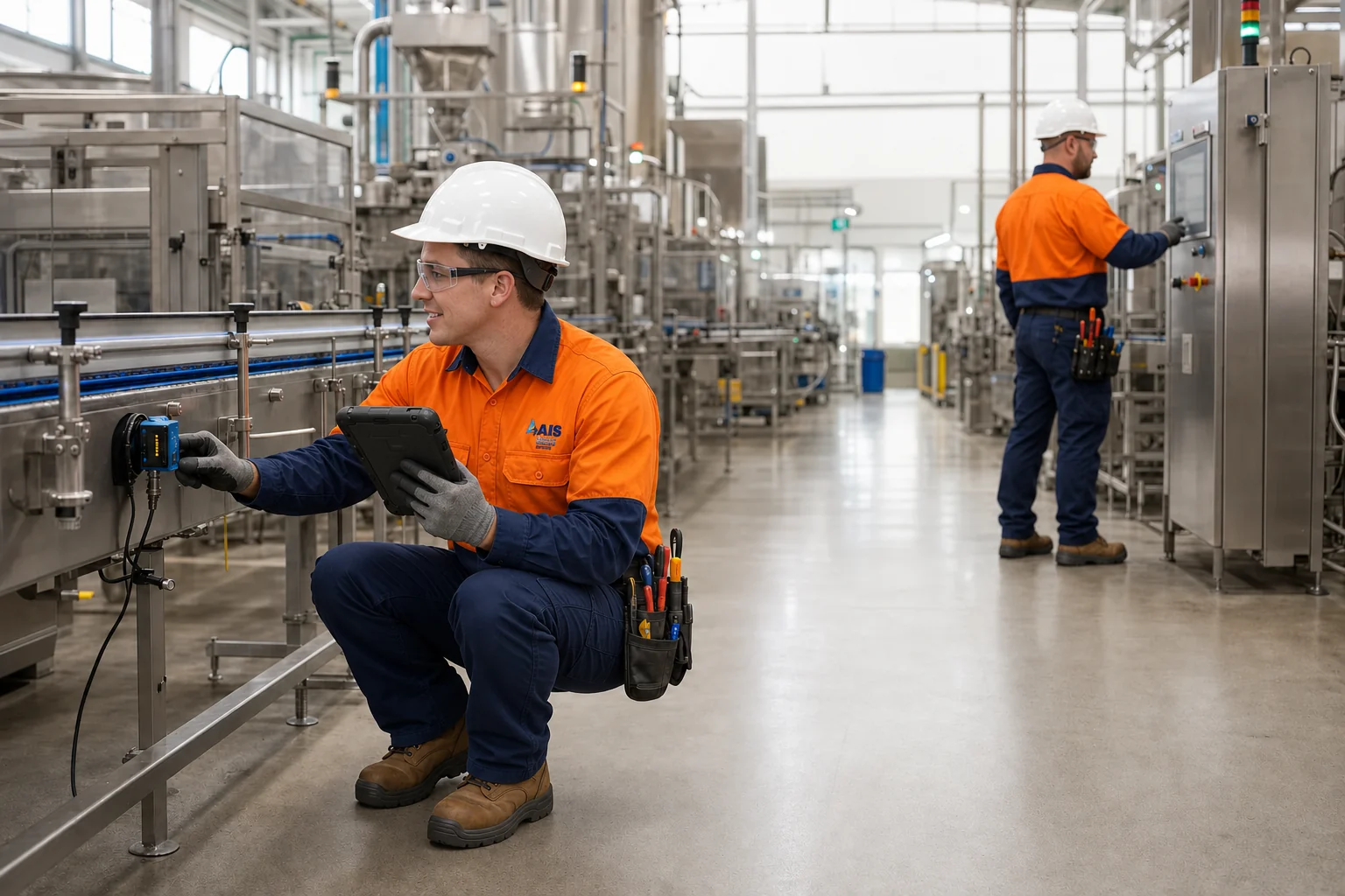 AI-generated scene of AIS technicians testing a conveyor sensor and control panel in a food-processing plant