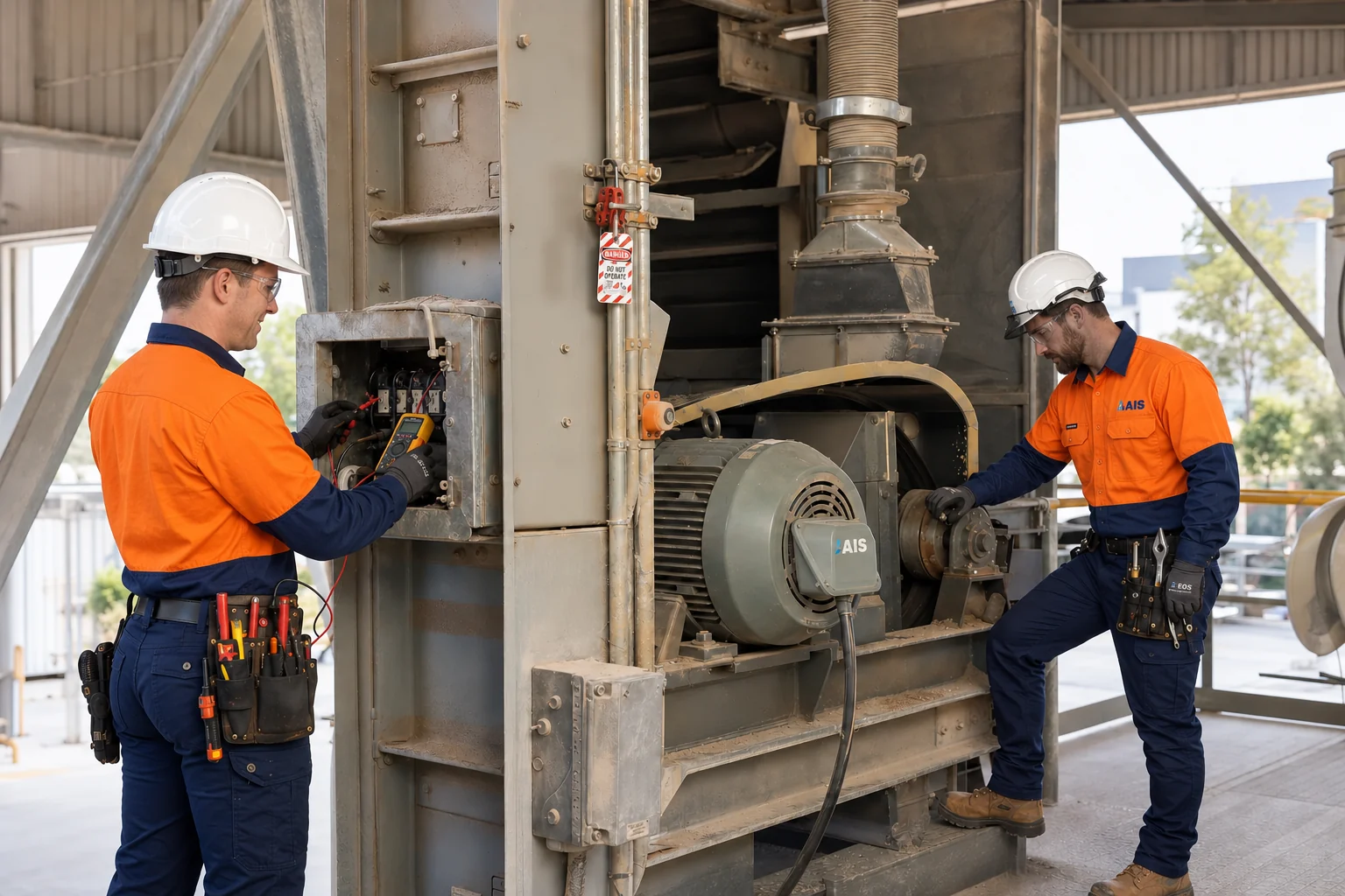 AI-generated scene of AIS electrical and mechanical crew maintaining an isolated grain elevator drive
