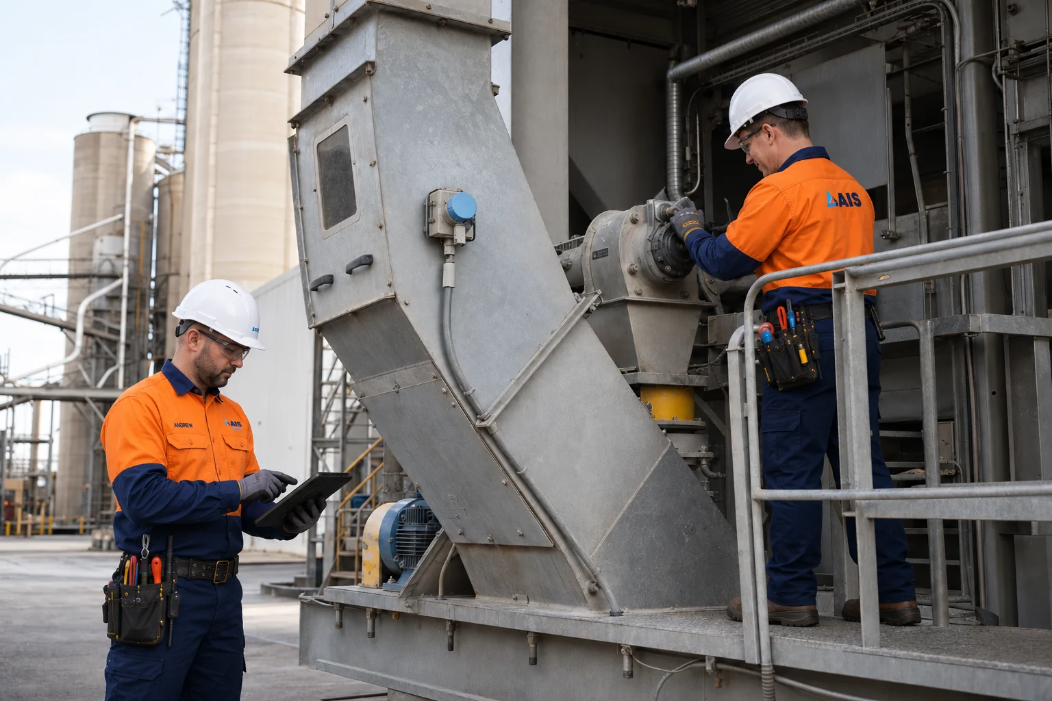 AI-generated scene of AIS automation and mechanical crew checking a grain-transfer chute and rotary valve