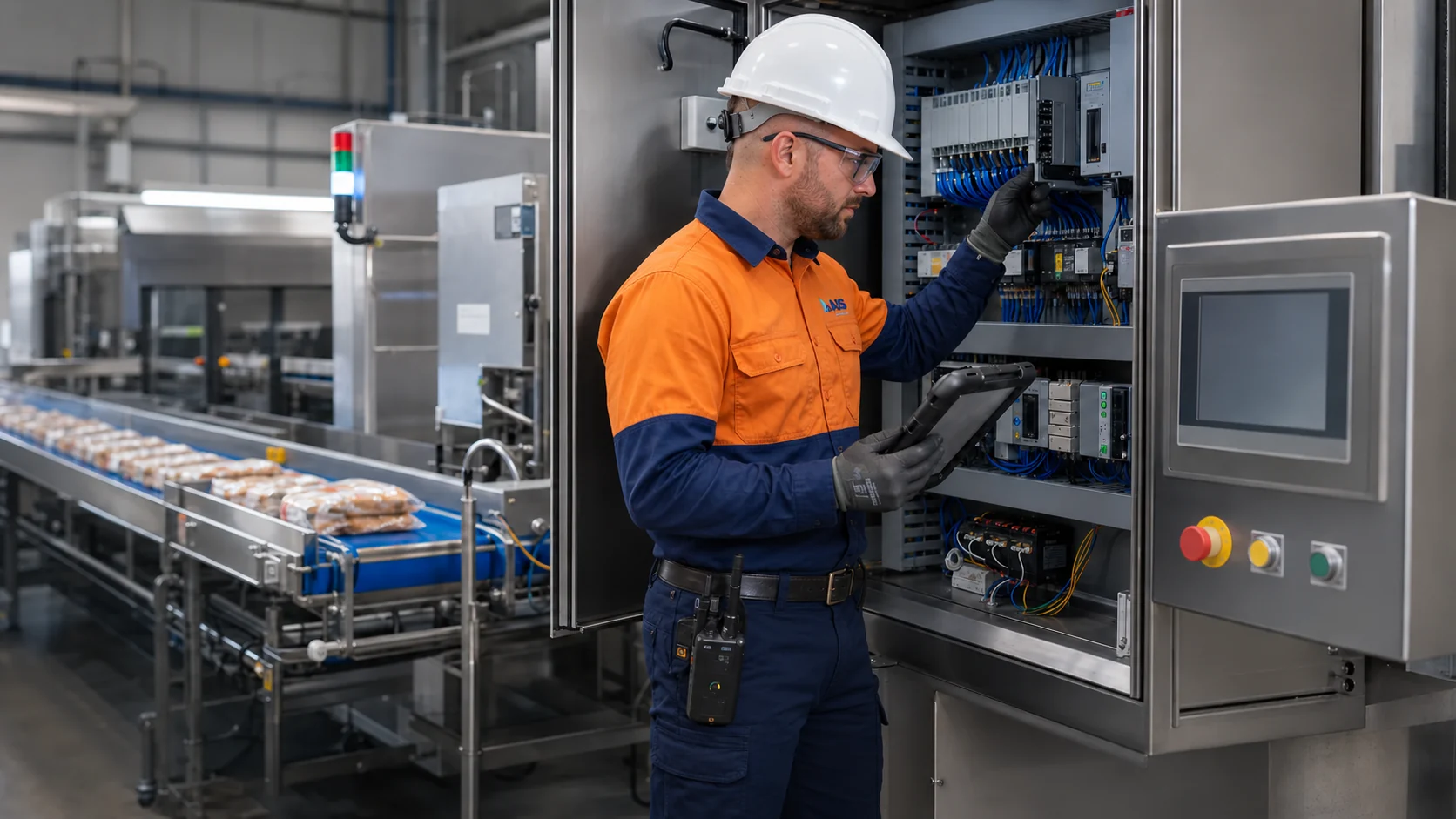 AI-generated scene of AIS automation technician commissioning PLC equipment on a packaging line