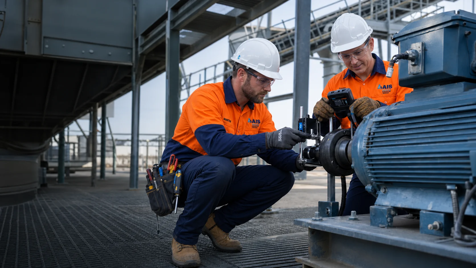 AI-generated scene of AIS maintenance technicians aligning an industrial conveyor drive