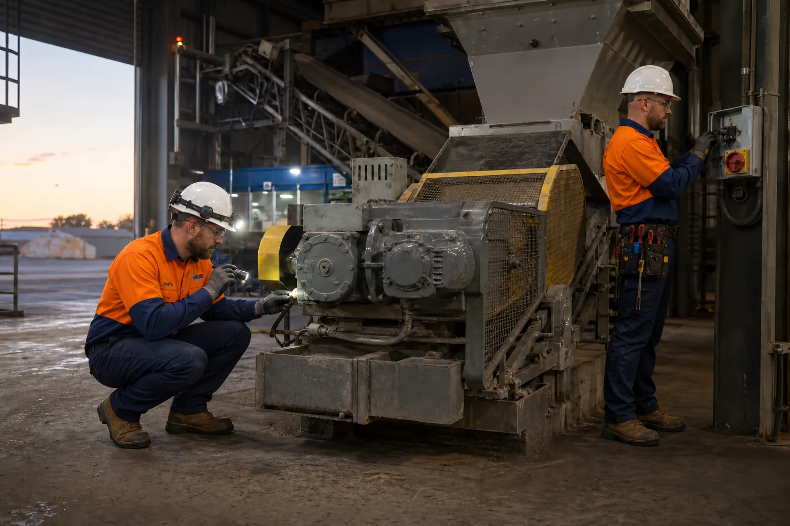 AI-generated scene of AIS electrical and mechanical crew diagnosing stopped industrial equipment at dawn