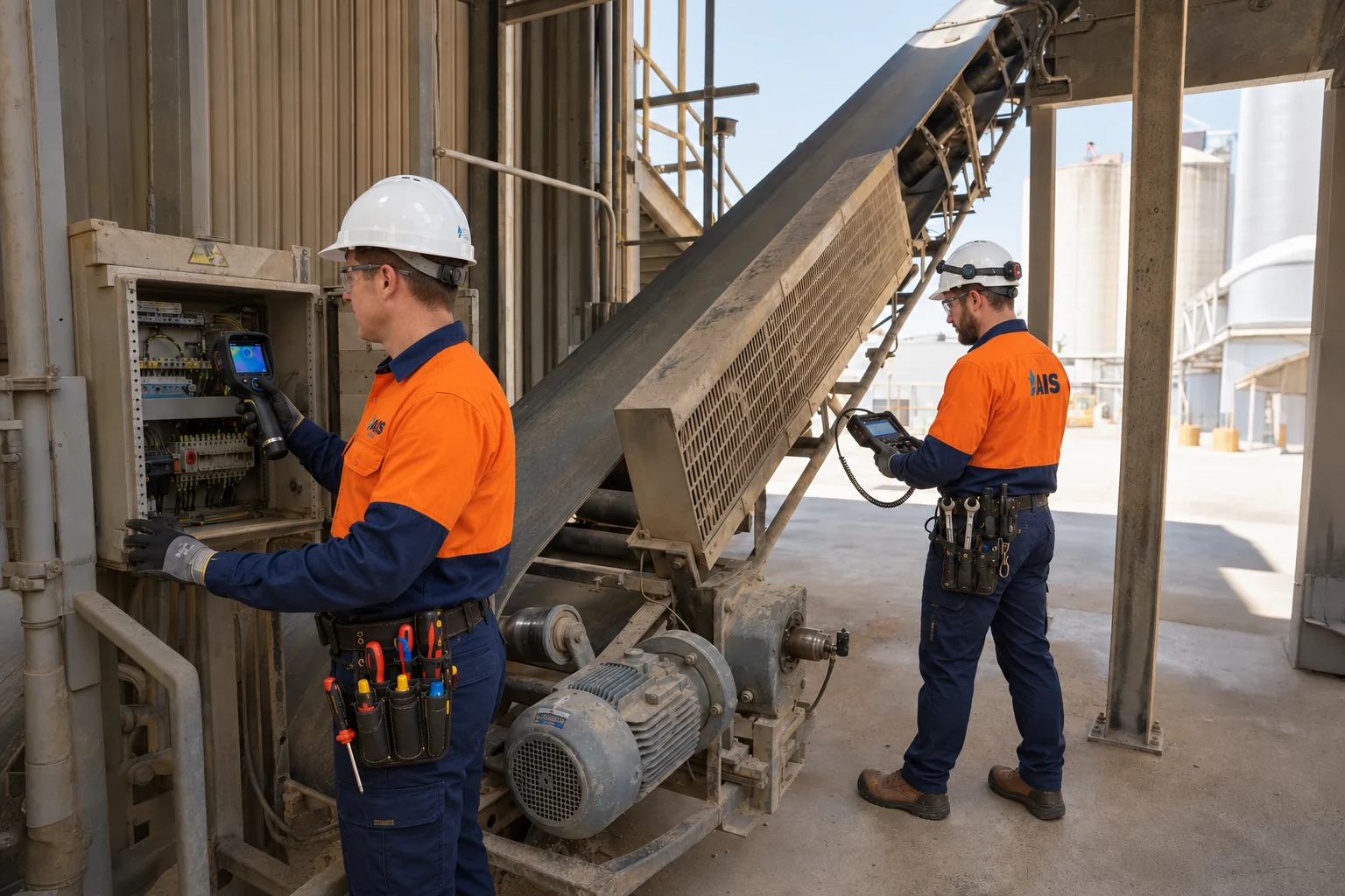 AI-generated scene of AIS maintenance crew carrying out condition monitoring on a grain conveyor drive
