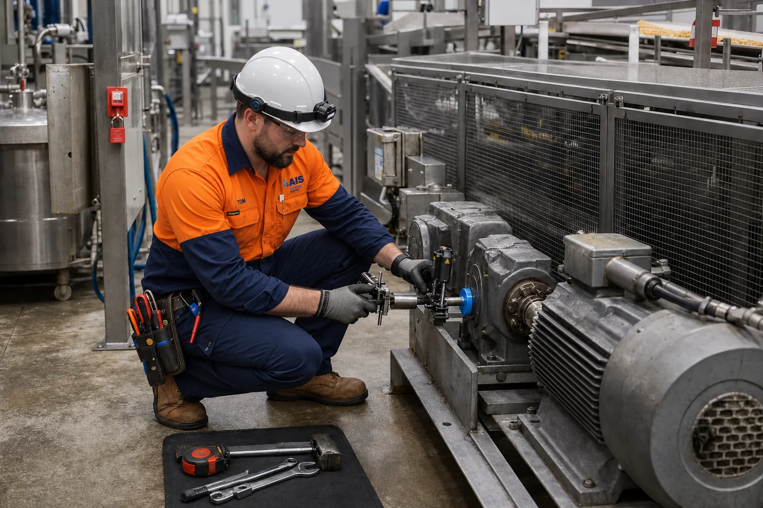 AI-generated scene of AIS mechanical fitter aligning an industrial conveyor drive coupling