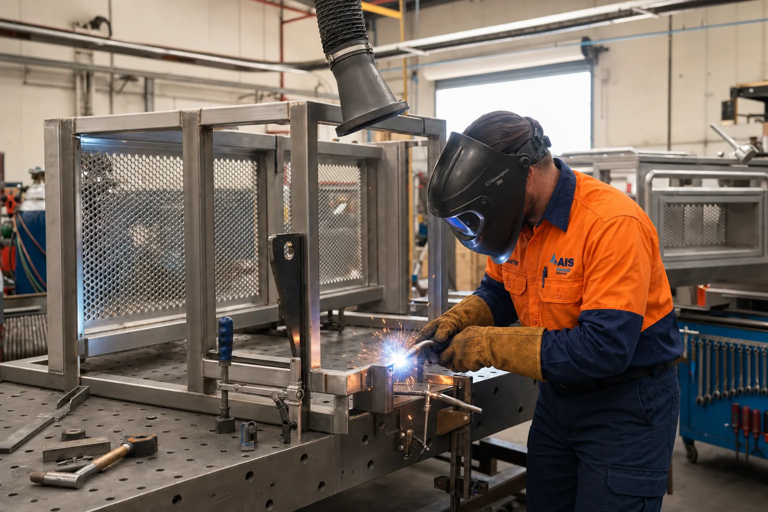 AI-generated scene of AIS fabricator welding a custom stainless-steel machine guard in a Brisbane workshop