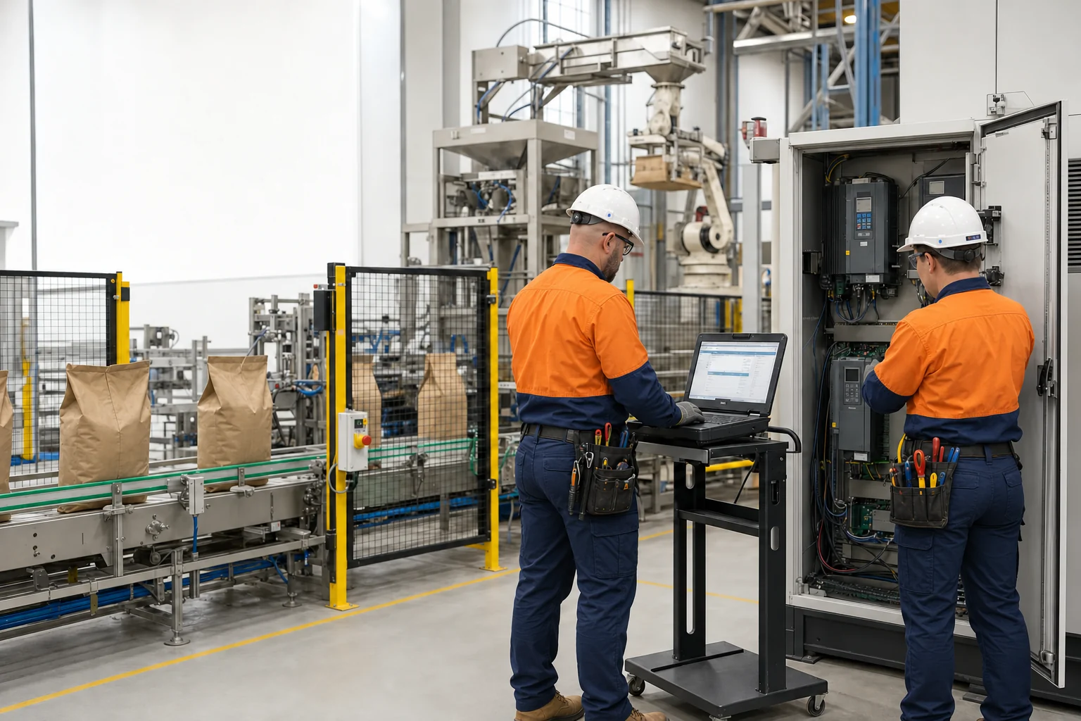 AI-generated scene of AIS controls and electrical crew commissioning an industrial pet-food bagging line