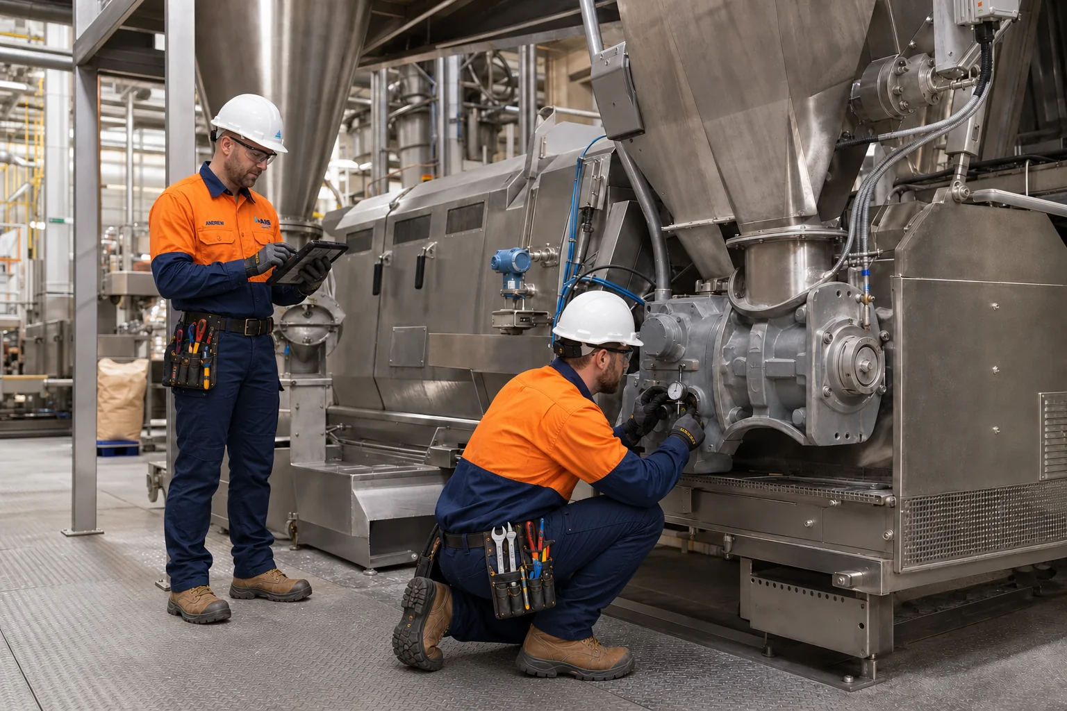 AI-generated scene of AIS mechanical and automation crew inspecting pet-food process equipment