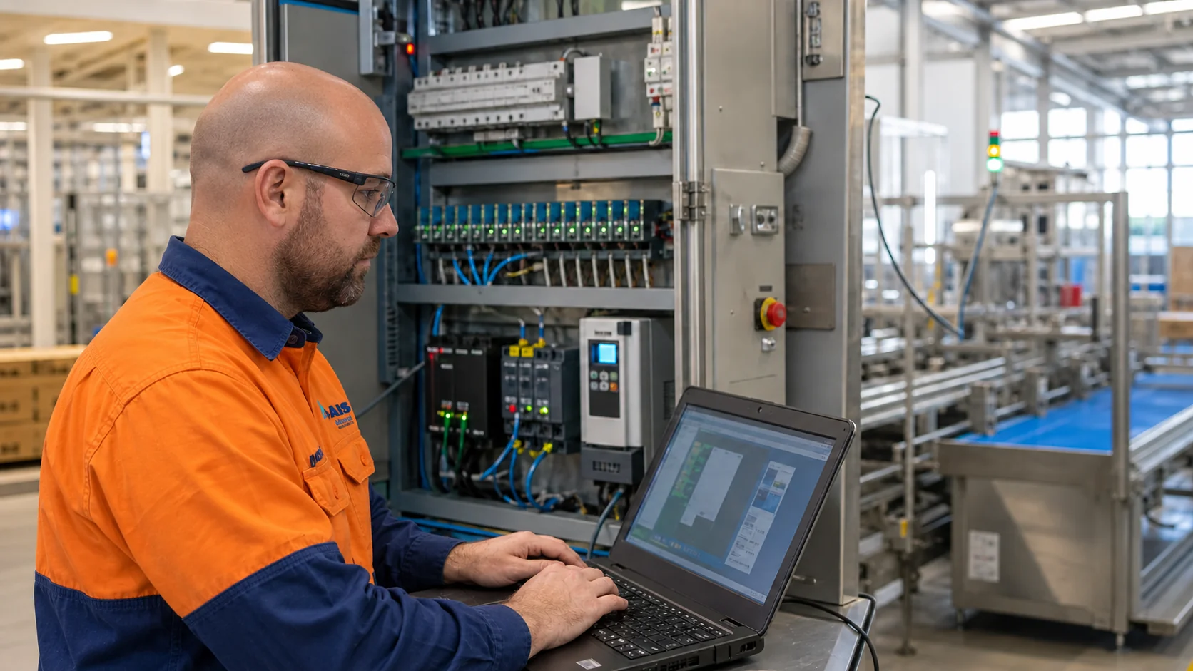 AI-generated scene of AIS controls technician backing up automation equipment in a packaging plant