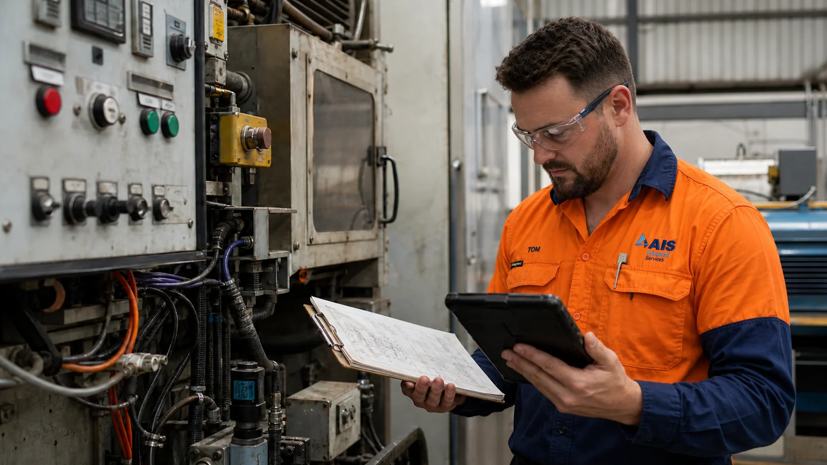 AI-generated scene of AIS controls engineer surveying an existing industrial machine for an automation upgrade
