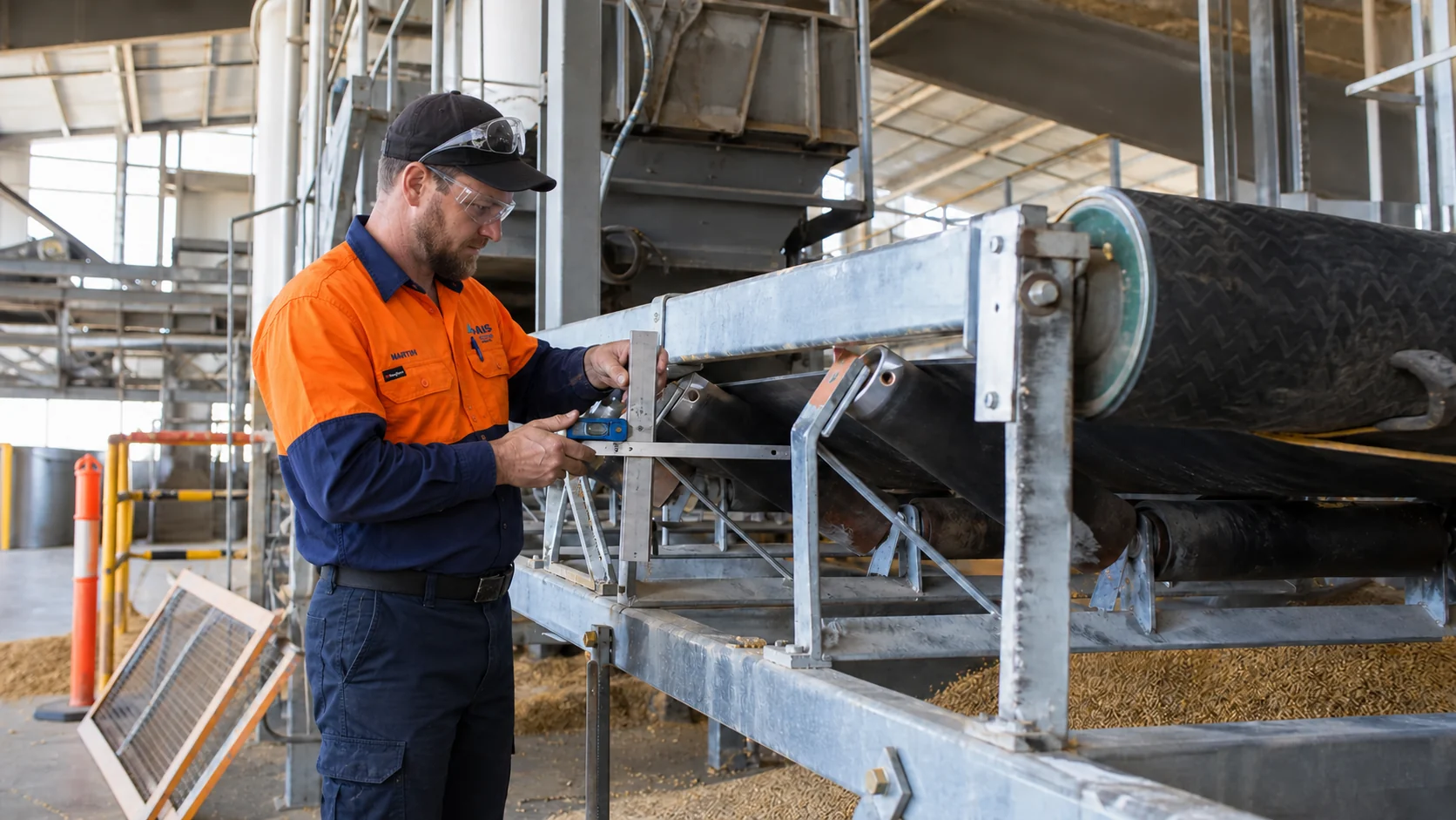 AI-generated scene of AIS maintenance fitter inspecting conveyor belt tracking and roller alignment