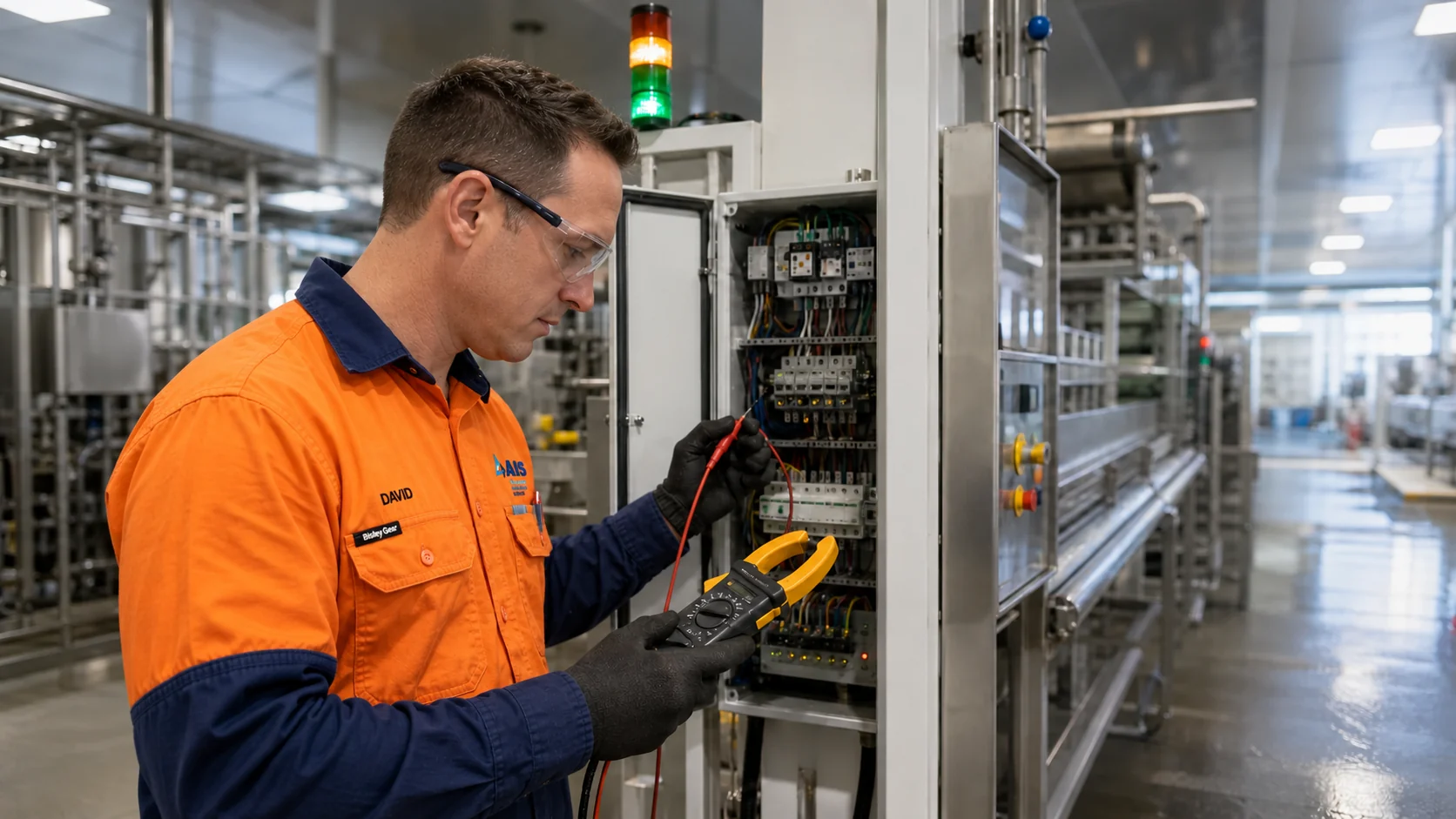 AI-generated scene of AIS industrial electrician testing a control cabinet in a food plant