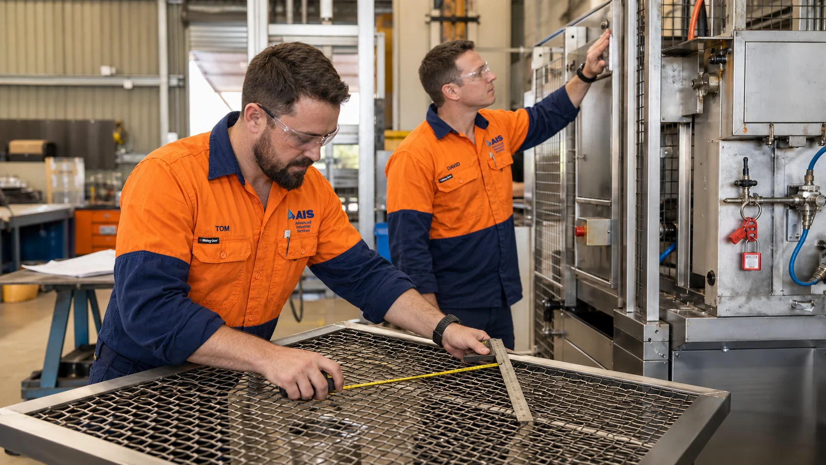 AI-generated scene of AIS fabricator measuring an industrial machine guard before modification