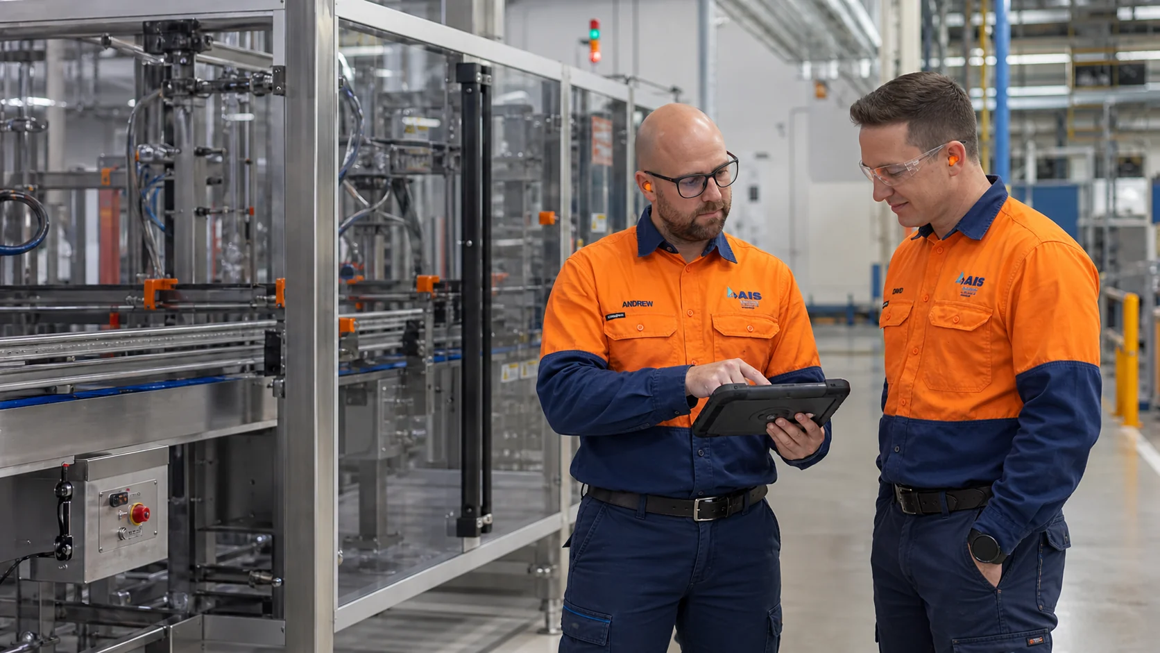 AI-generated scene of AIS plant supervisor briefing a maintenance technician beside stopped production equipment