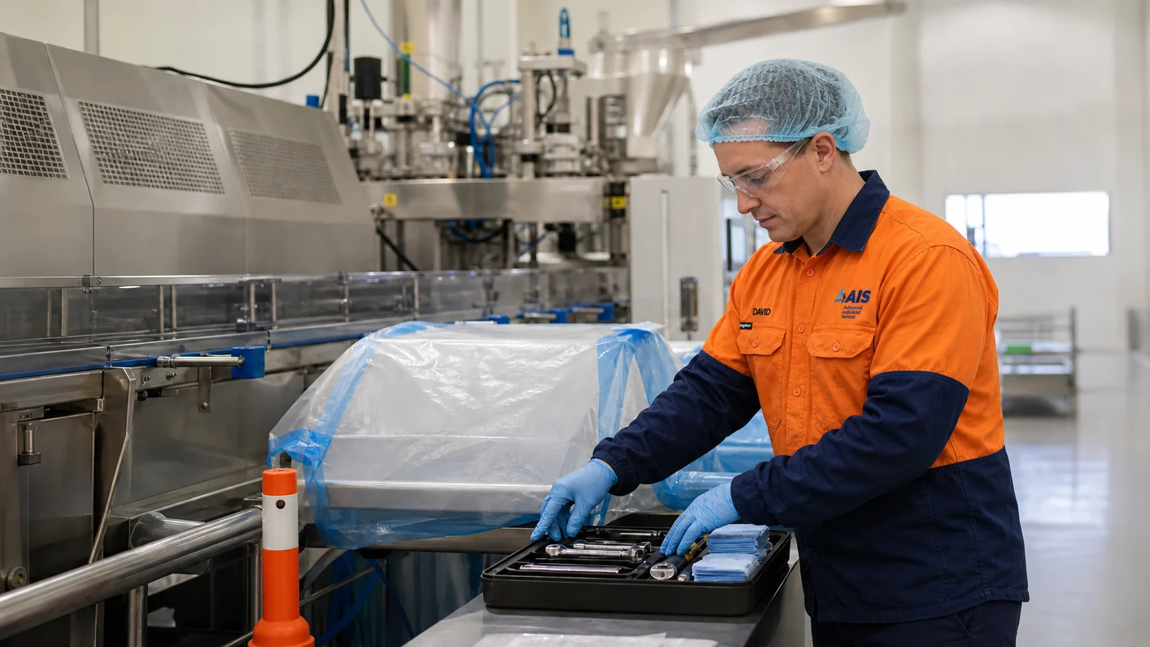 AI-generated scene of AIS maintenance technician preparing hygienic work controls beside food packaging equipment
