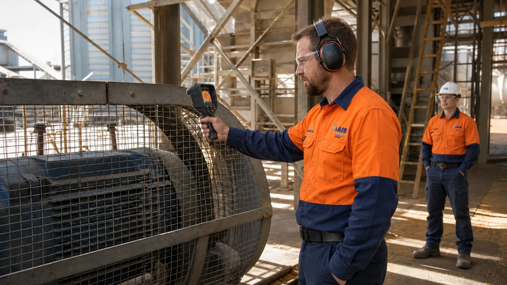 AI-generated scene of AIS maintenance fitter inspecting a guarded conveyor drive with a thermal camera