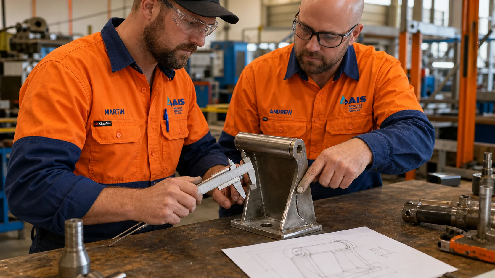AI-generated scene of AIS fabrication trades measuring a cracked steel bracket in a workshop