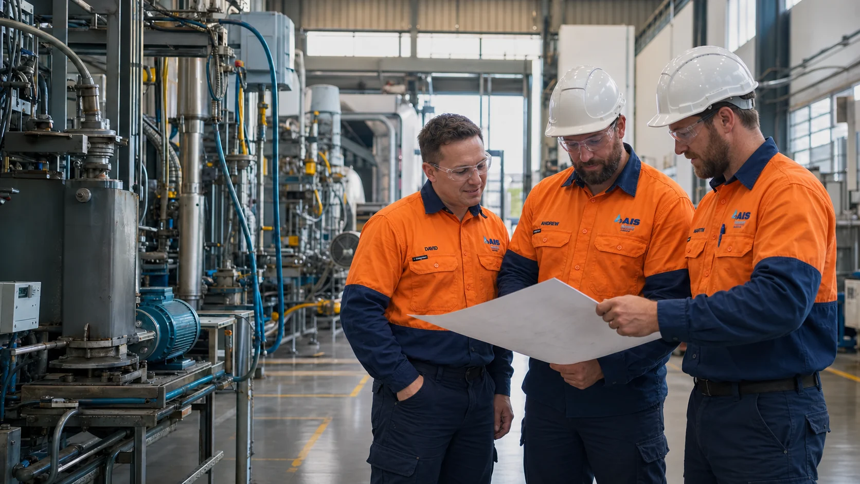 AI-generated scene of AIS industrial trades reviewing a shutdown plan beside production plant