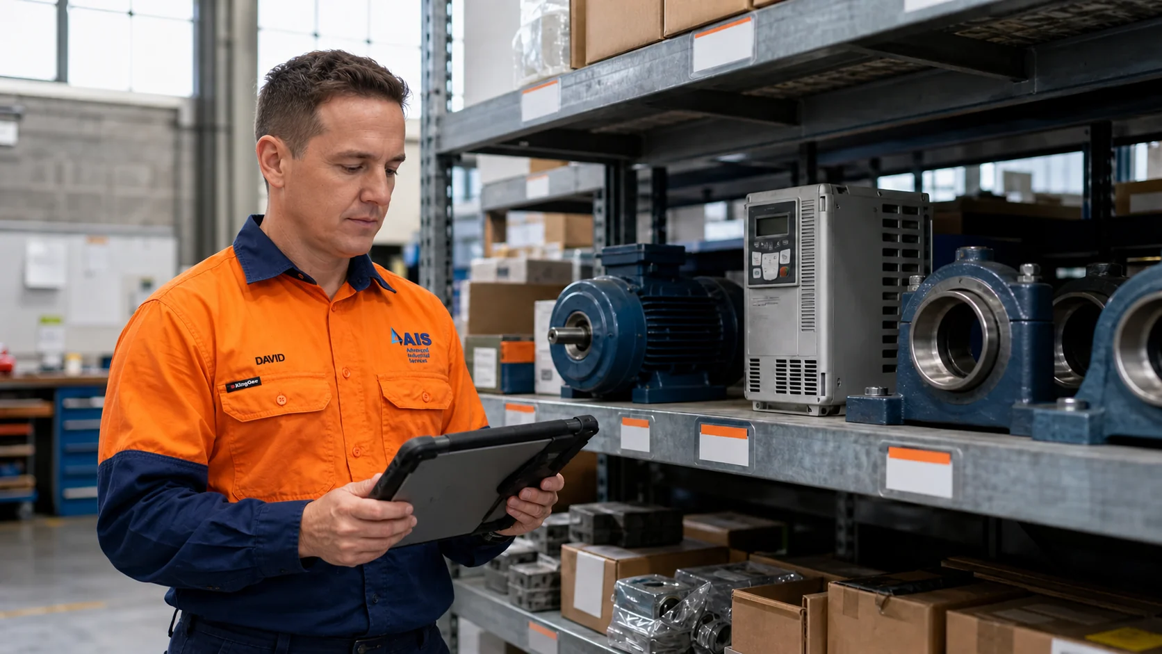 AI-generated scene of AIS maintenance planner checking labelled industrial spare parts in a plant storeroom