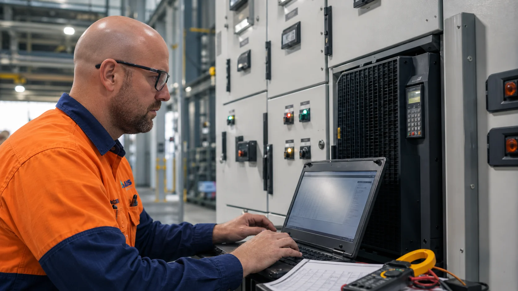 AI-generated scene of AIS industrial electrician reviewing a variable speed drive fault at a motor control centre