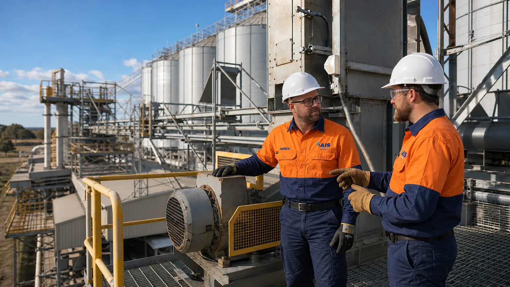 AI-generated scene of two AIS team members inspecting equipment beside grain silos