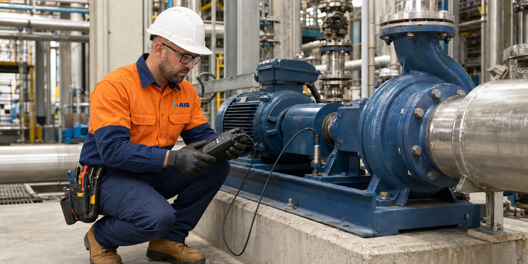 AI-generated scene of an AIS team member checking an industrial pump with a diagnostic meter